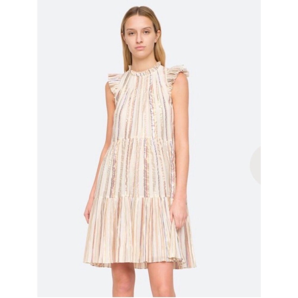 Sea NY Harriet Metallic Tiered Dress Stripe Shift Sz 2